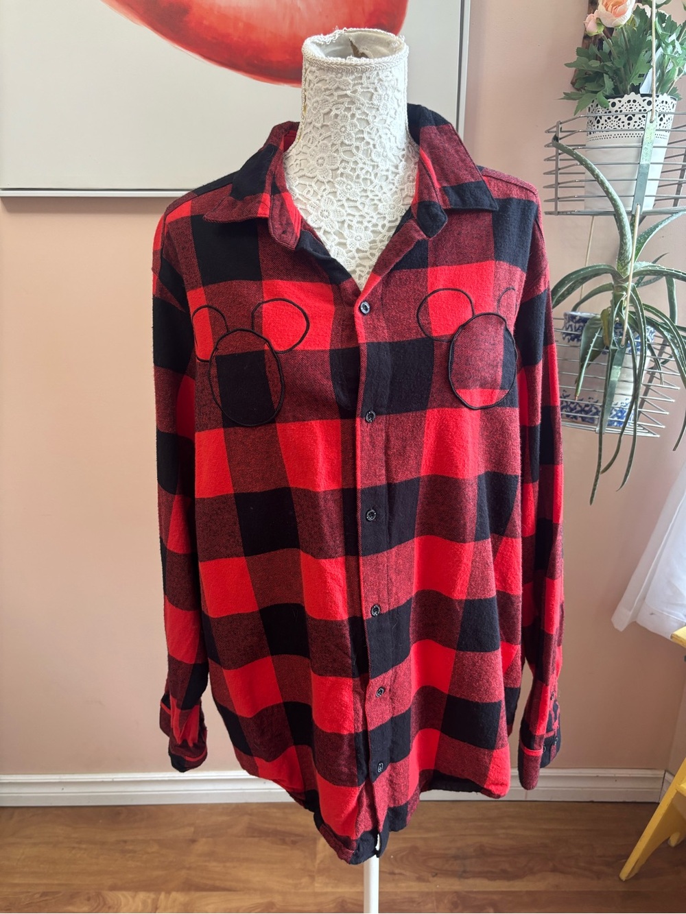 Disney Red and Black Buffalo Plaid Button-Up Shirt
